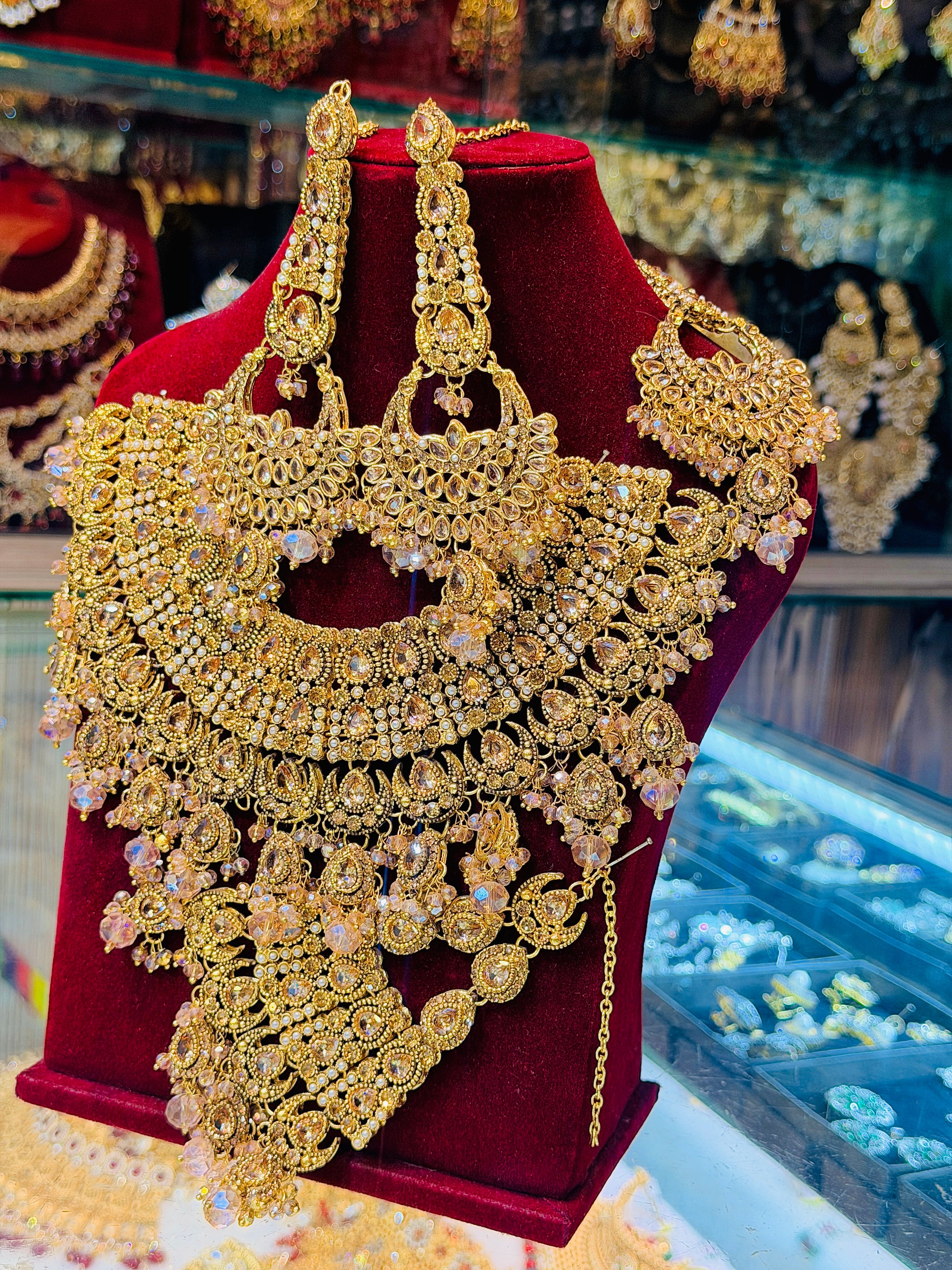 Golden & Crystal Pink Necklace Set