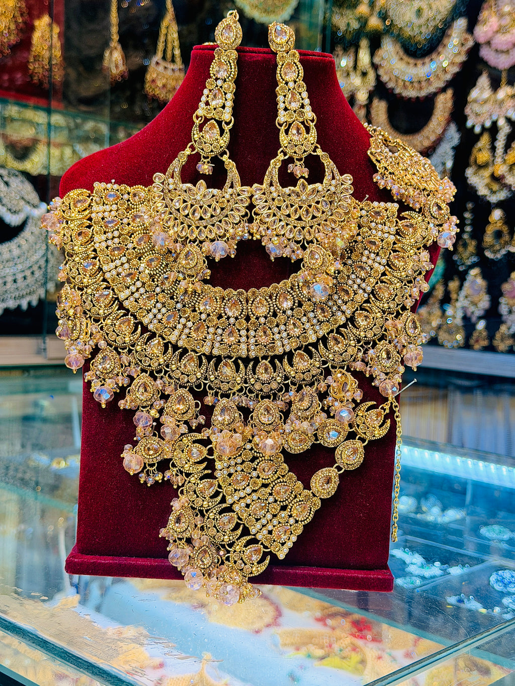 Golden & Crystal Pink Necklace Set