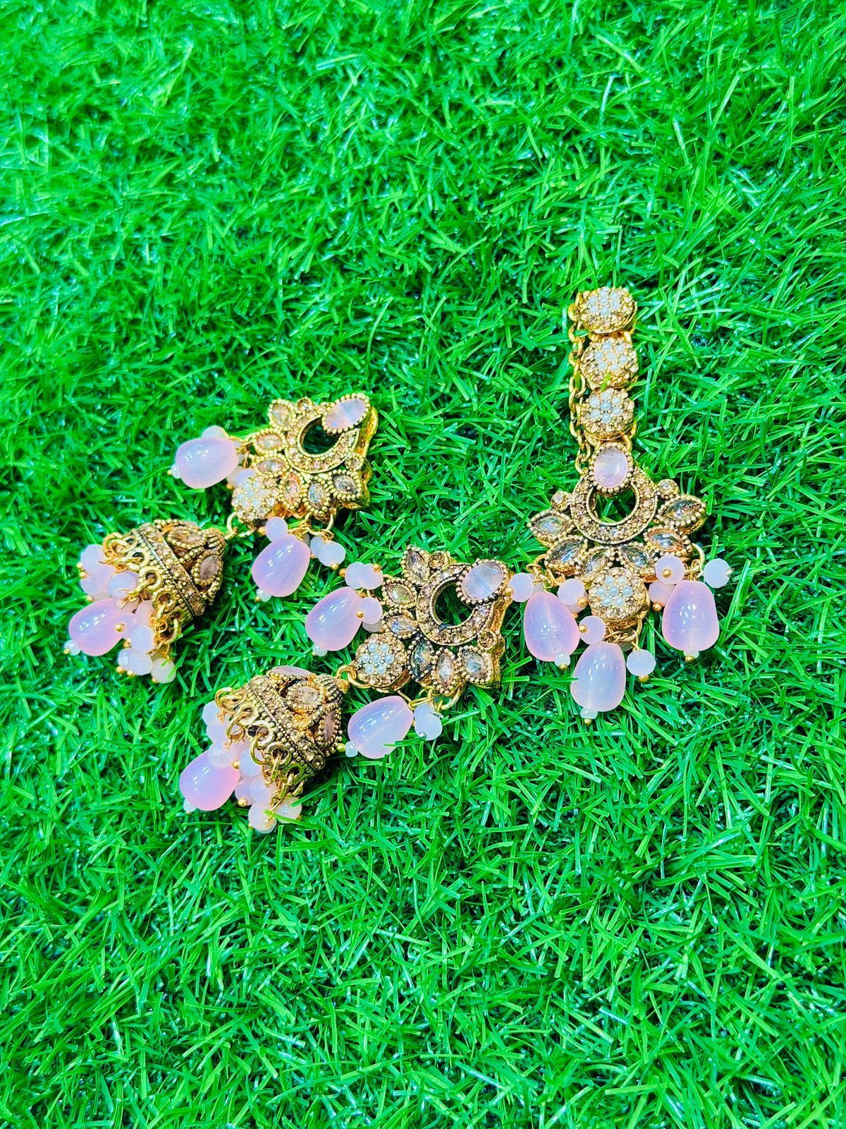 Pink Colour Earrings and Tika set