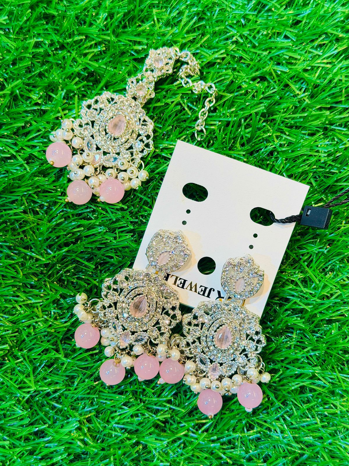 White & Pink Colour Earrings and Tika Set