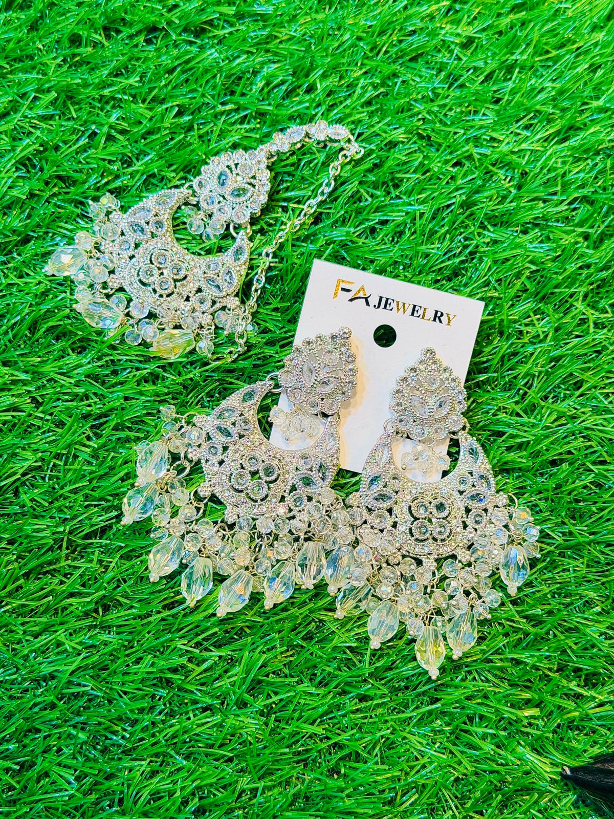 White Colour Earrings and Tika Set