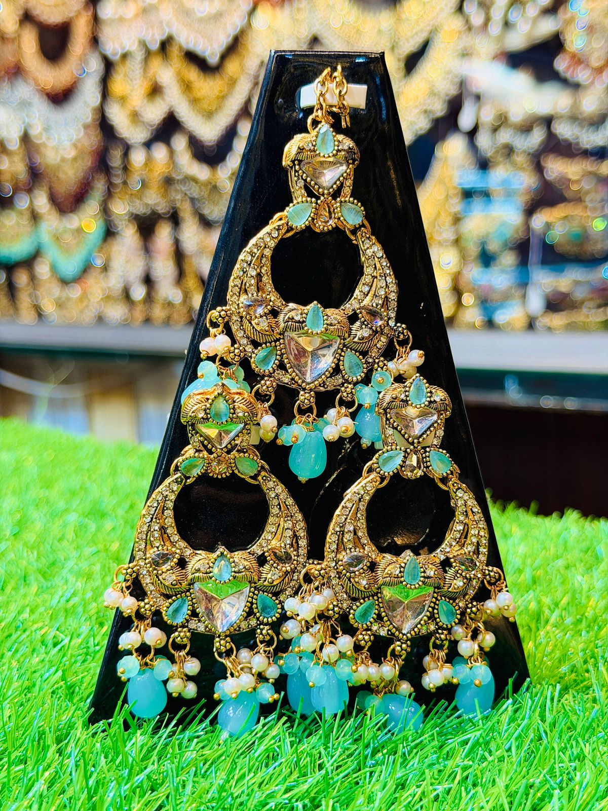 Mint Colour Earrings and Tika Set