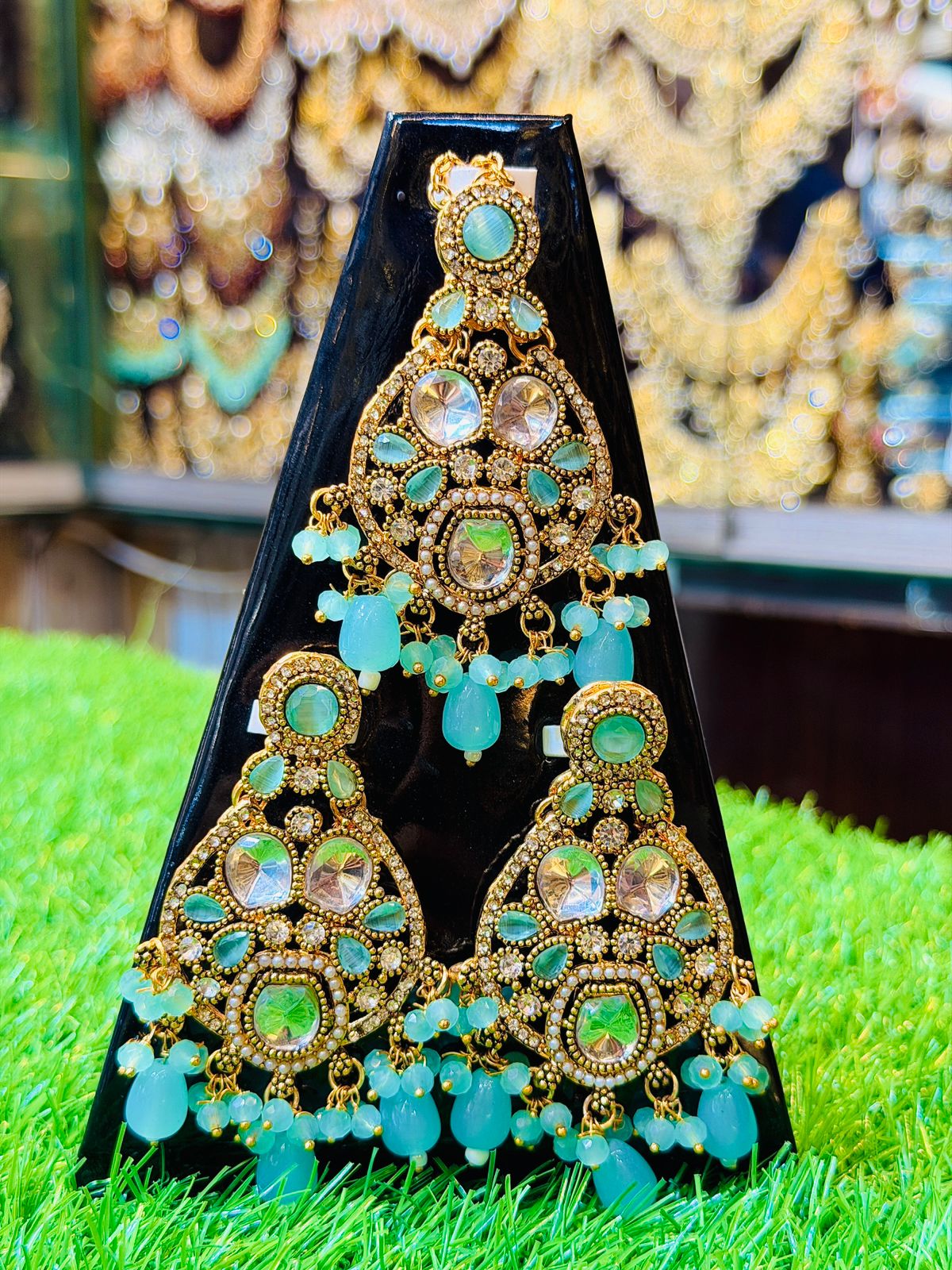 Mint Colour Earrings and Tika Set