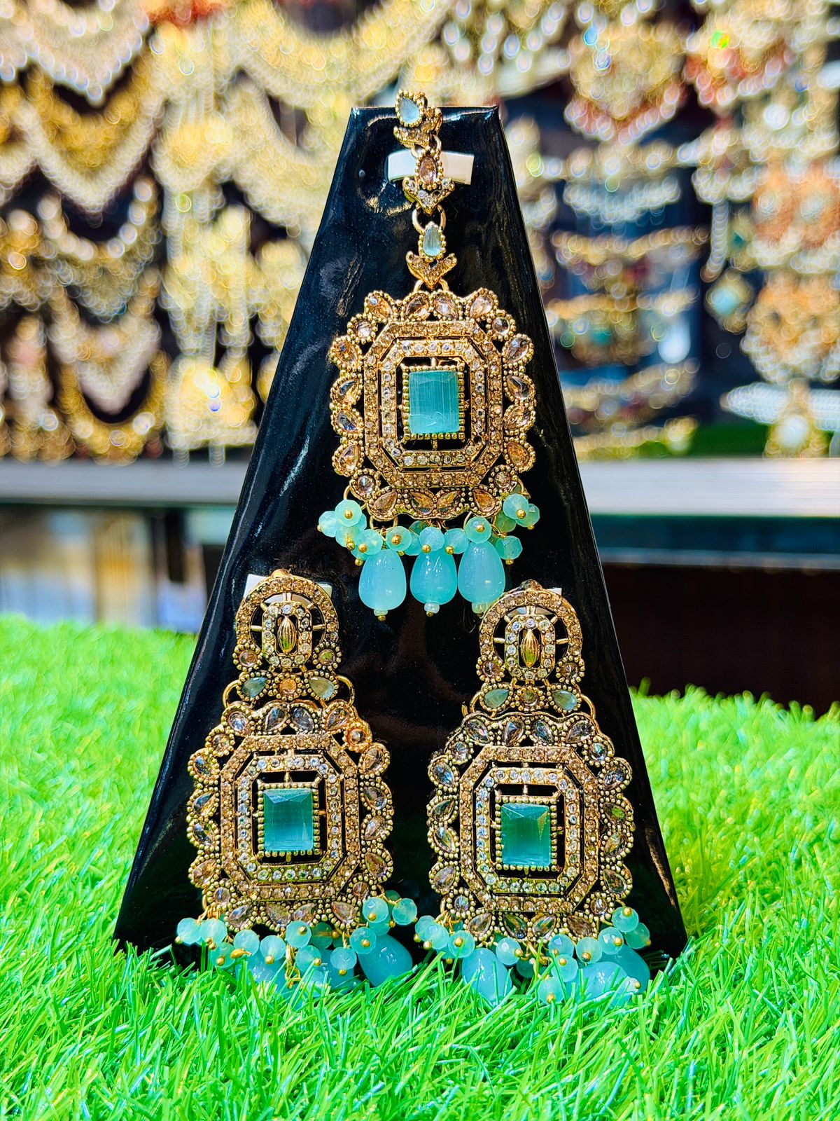 Mint Colour Earrings and Tika Set