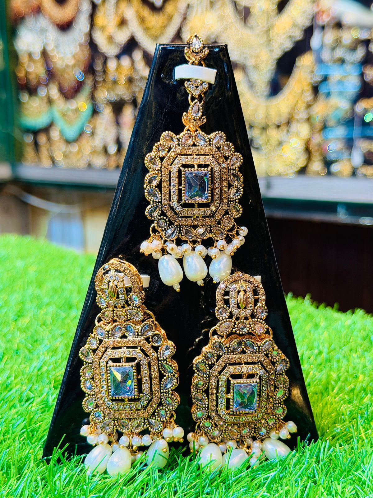Golden & White Earrings and Tika Set
