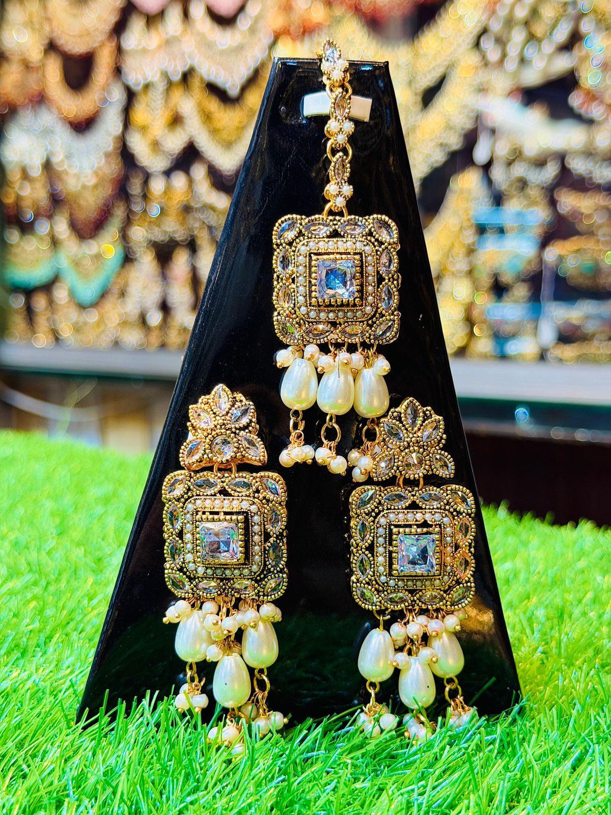 Golden & White Earrings and Tika Set