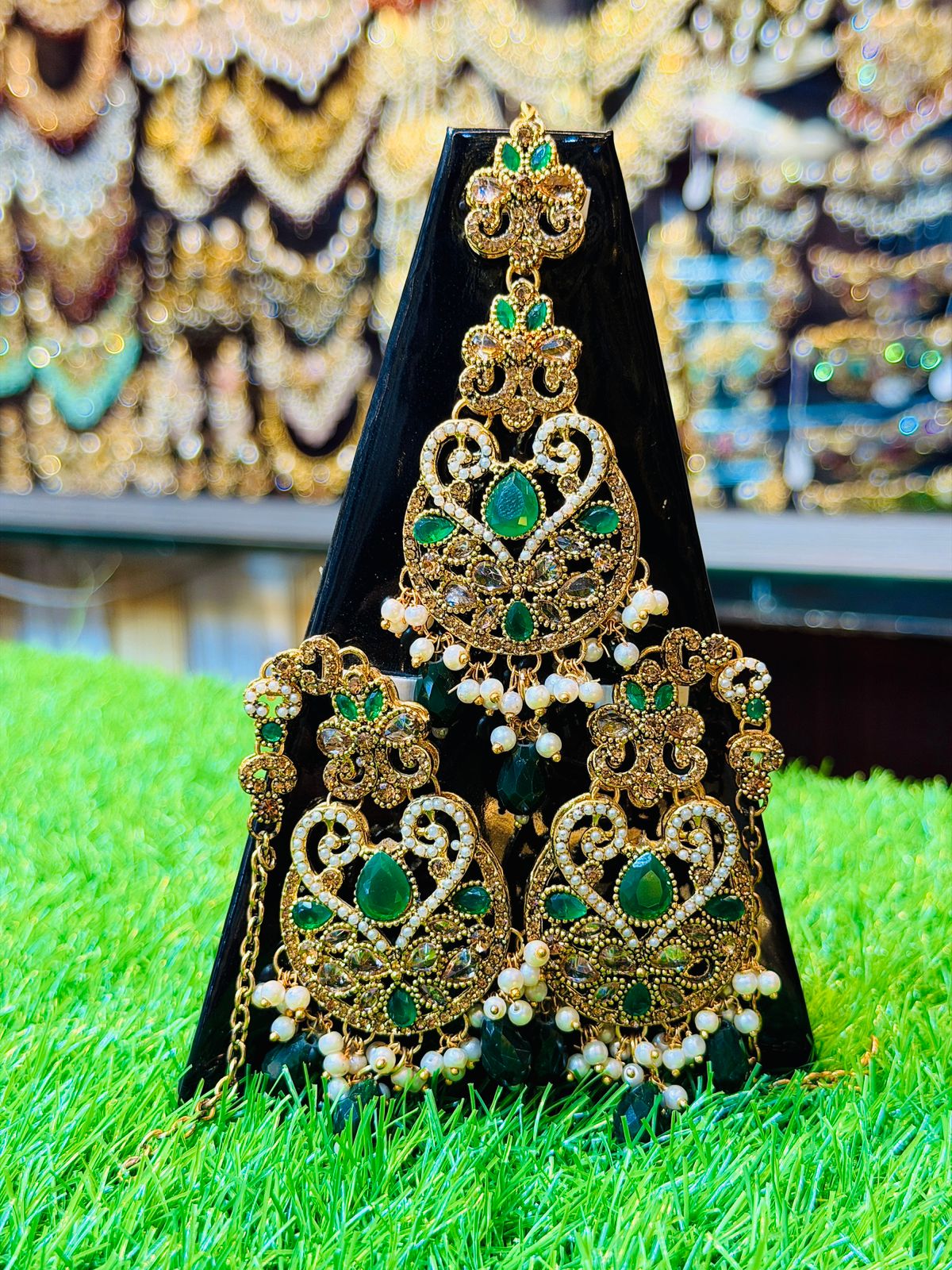 Golden & Green Colour Earrings and Tika Set