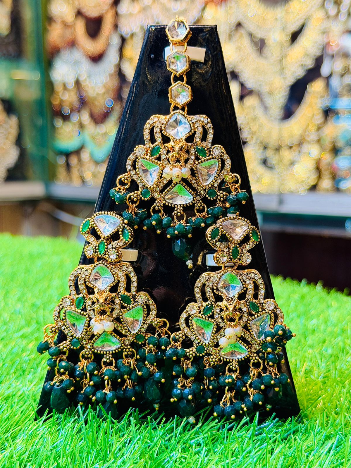 Green Colour Earrings and Tika Set