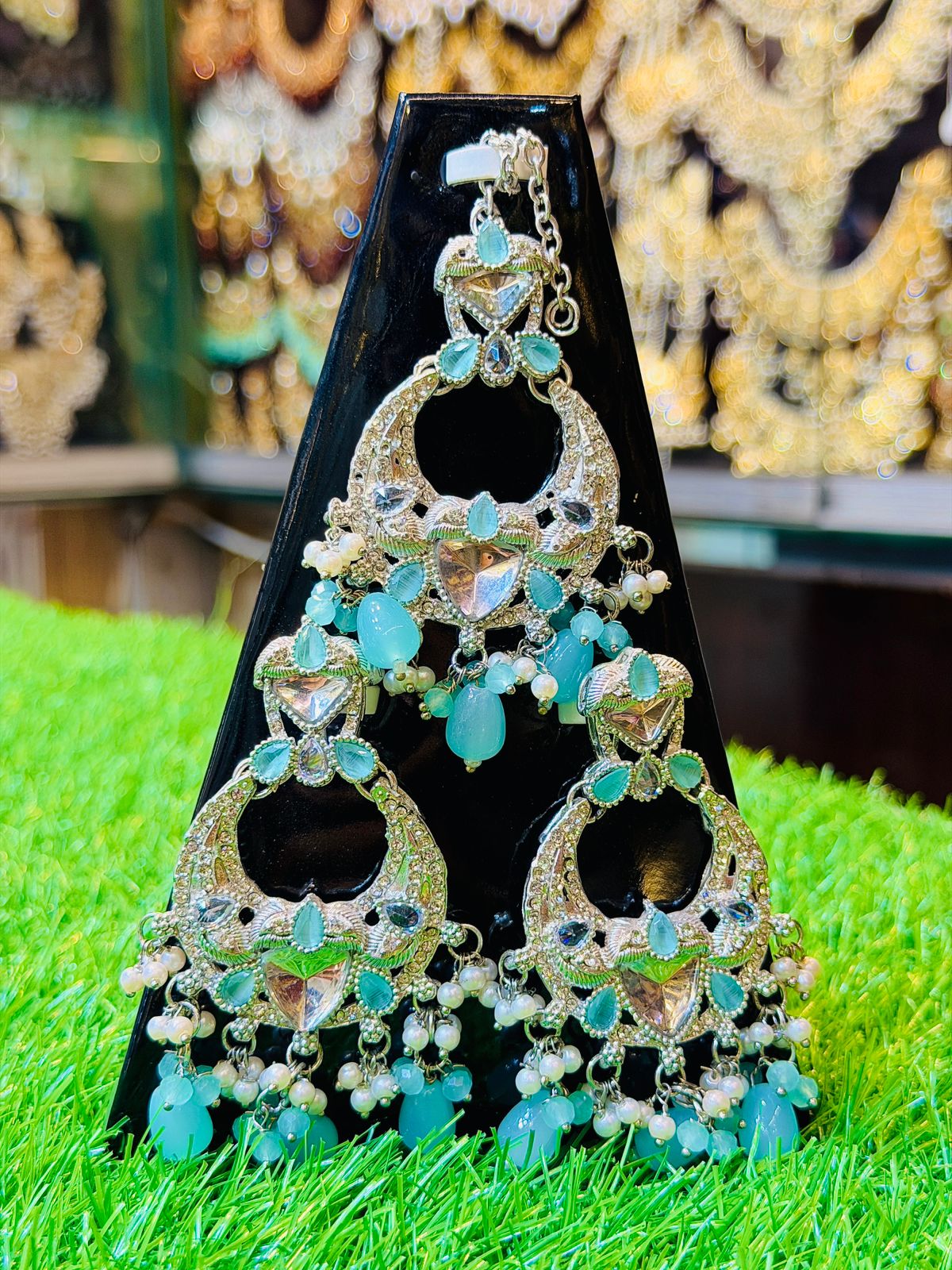 White & Mint Colour Earrings and Tika Set