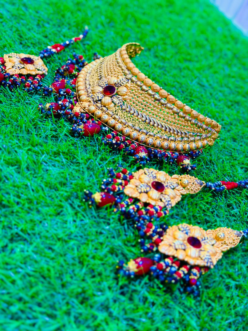 Gold Plated Madrasi Design Collar Set with Earrings & Tika