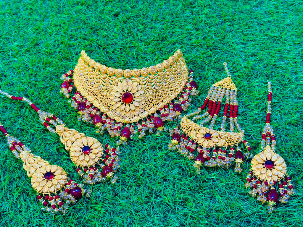 Gold Plated Collar Set With Earrings, Tika & Jhumar