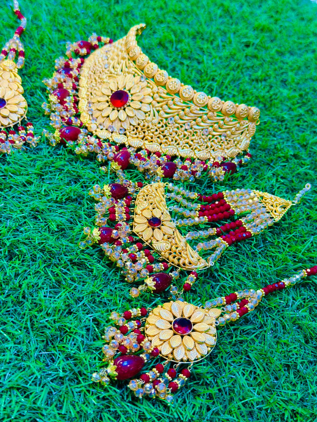 Gold Plated Collar Set With Earrings, Tika & Jhumar