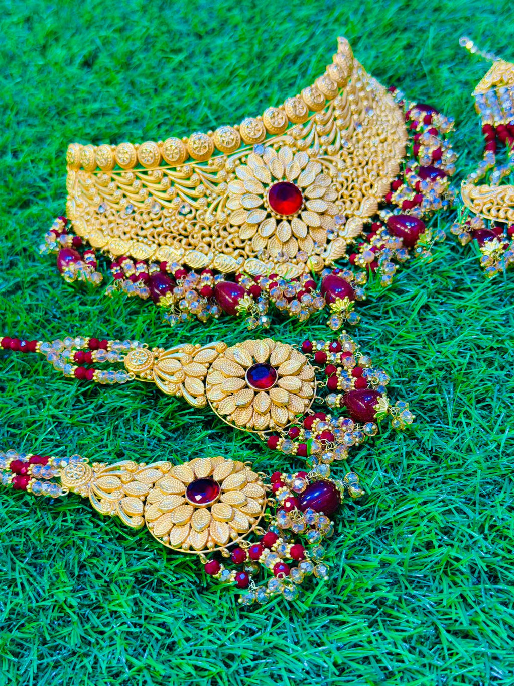 Gold Plated Collar Set With Earrings, Tika & Jhumar