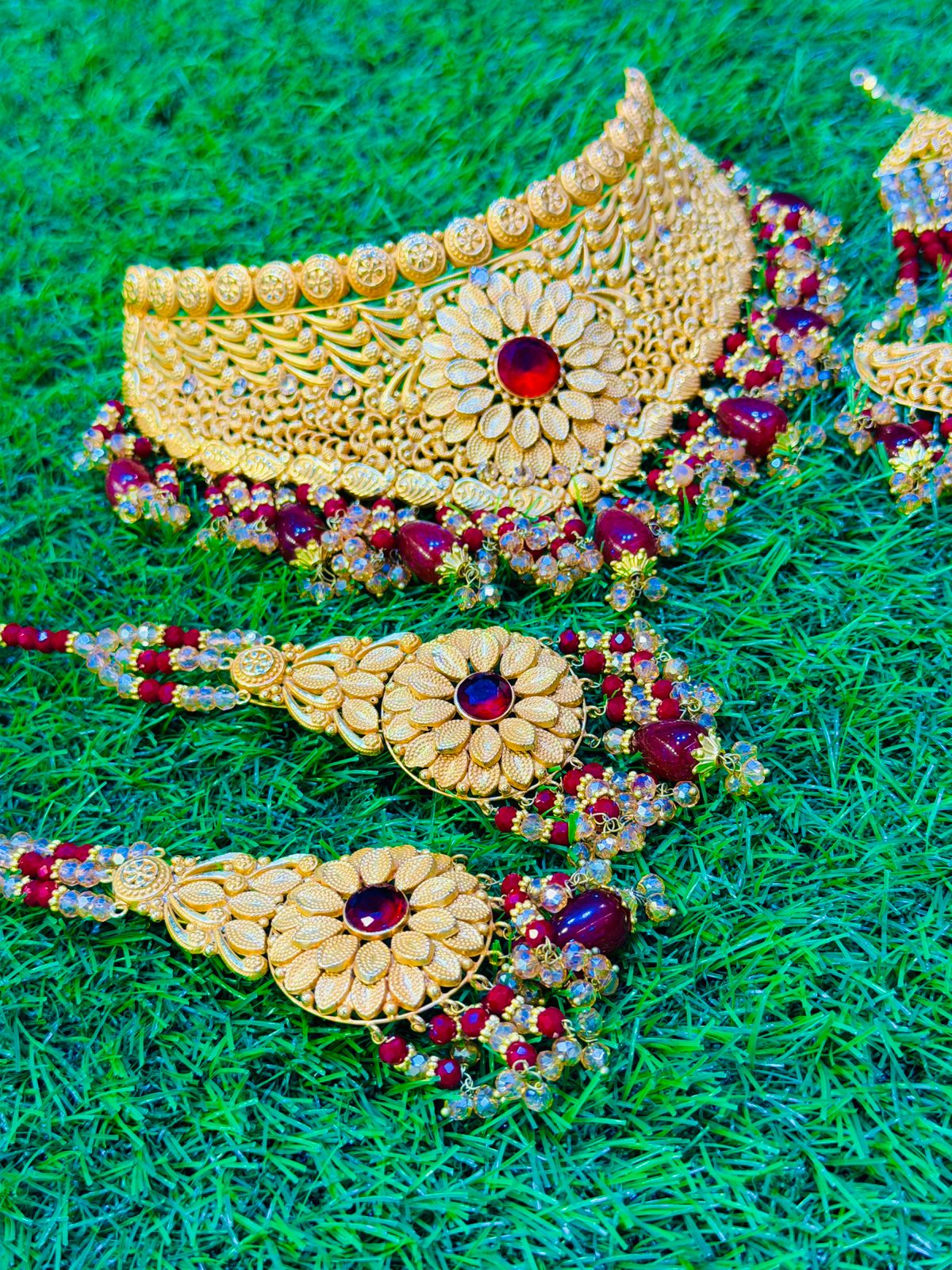 Gold Plated Collar Set With Earrings, Tika & Jhumar
