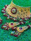 Gold Plated Madrasi Design Collar Set With Earrings & Tika