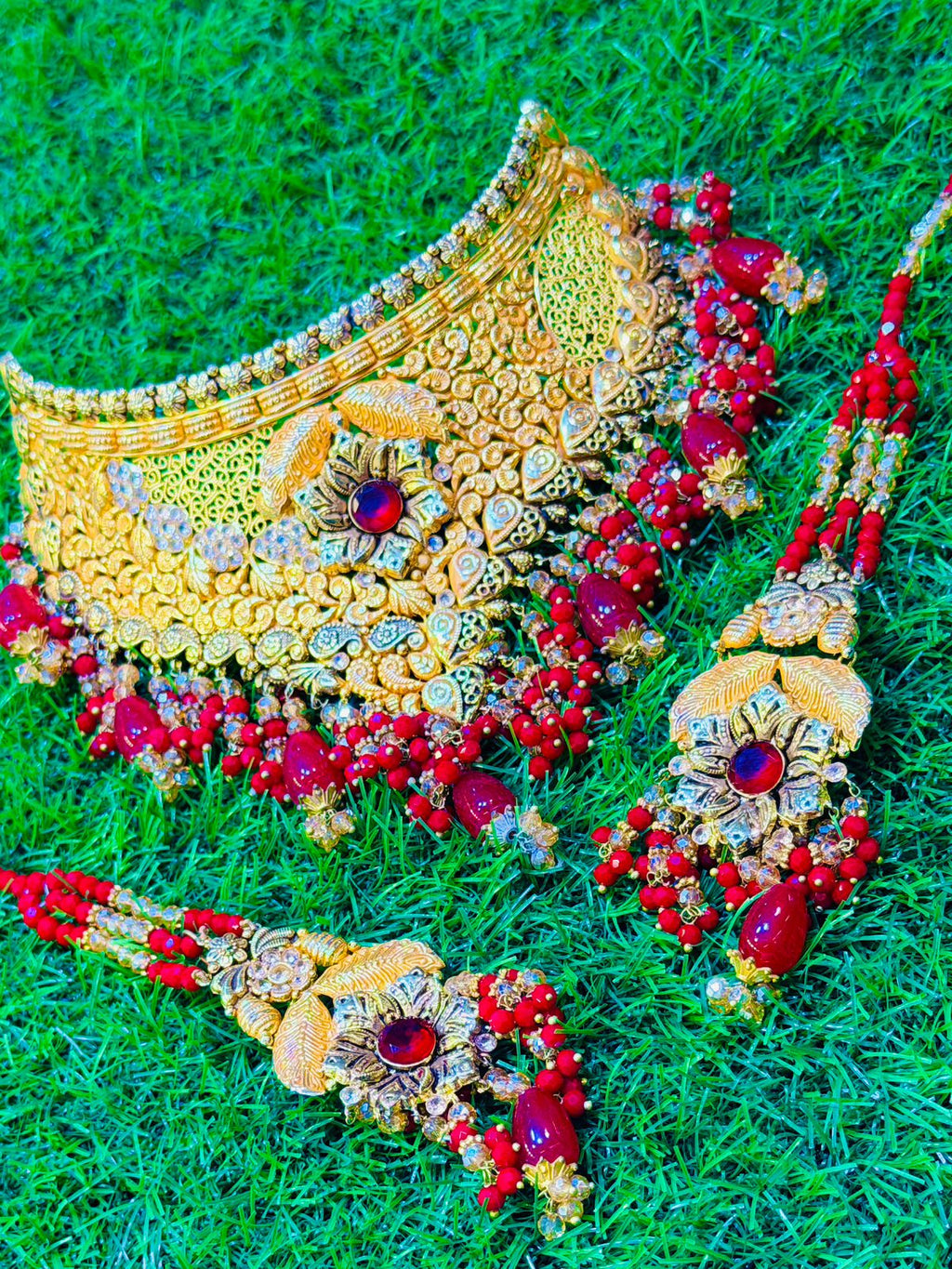 Gold Plated Madrasi Design Collar Set with Earrings