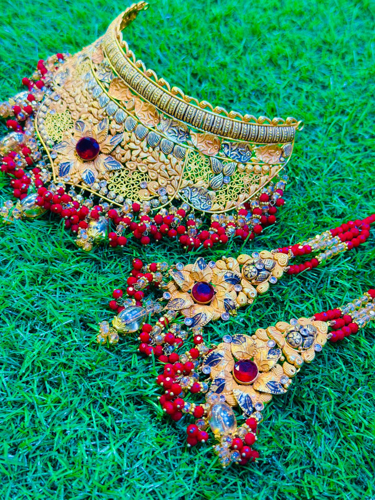 Gold Plated Madrasi Design Collar Set with Earrings