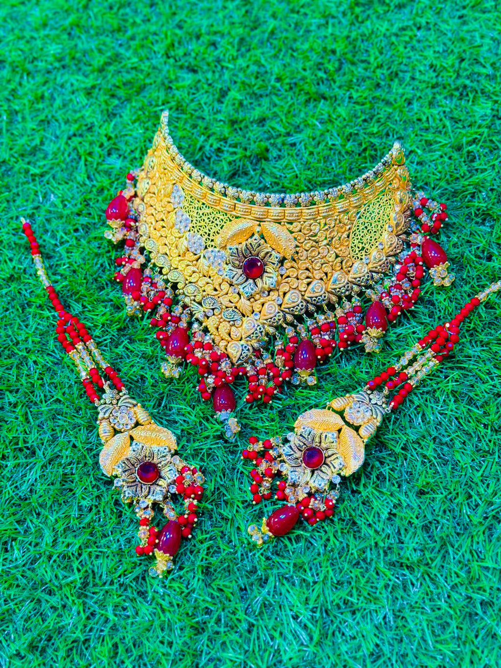 Gold Plated Madrasi Design Collar Set with Earrings