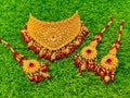 Gold Plated Madrasi Design Collar Set with Earrings & Tika