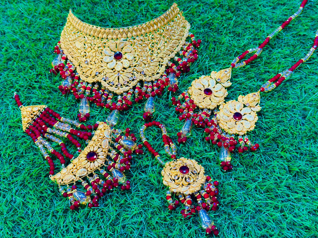 Gold Plated Madrasi Design Collar Set with Earrings, Tika & Jhumar
