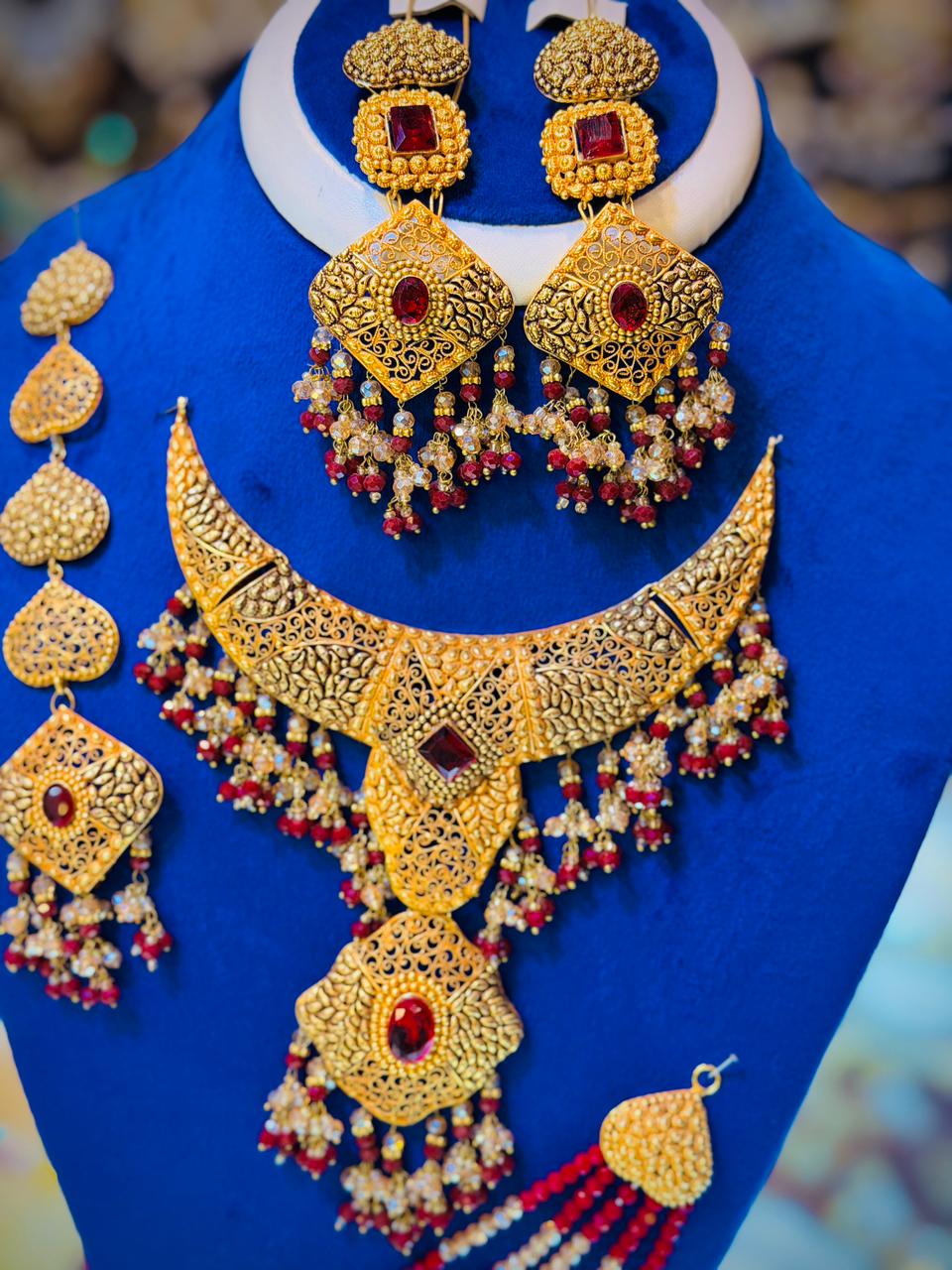 Gold Plated Madrasi Design Necklace Set with Earrings, Tika & Jhumar