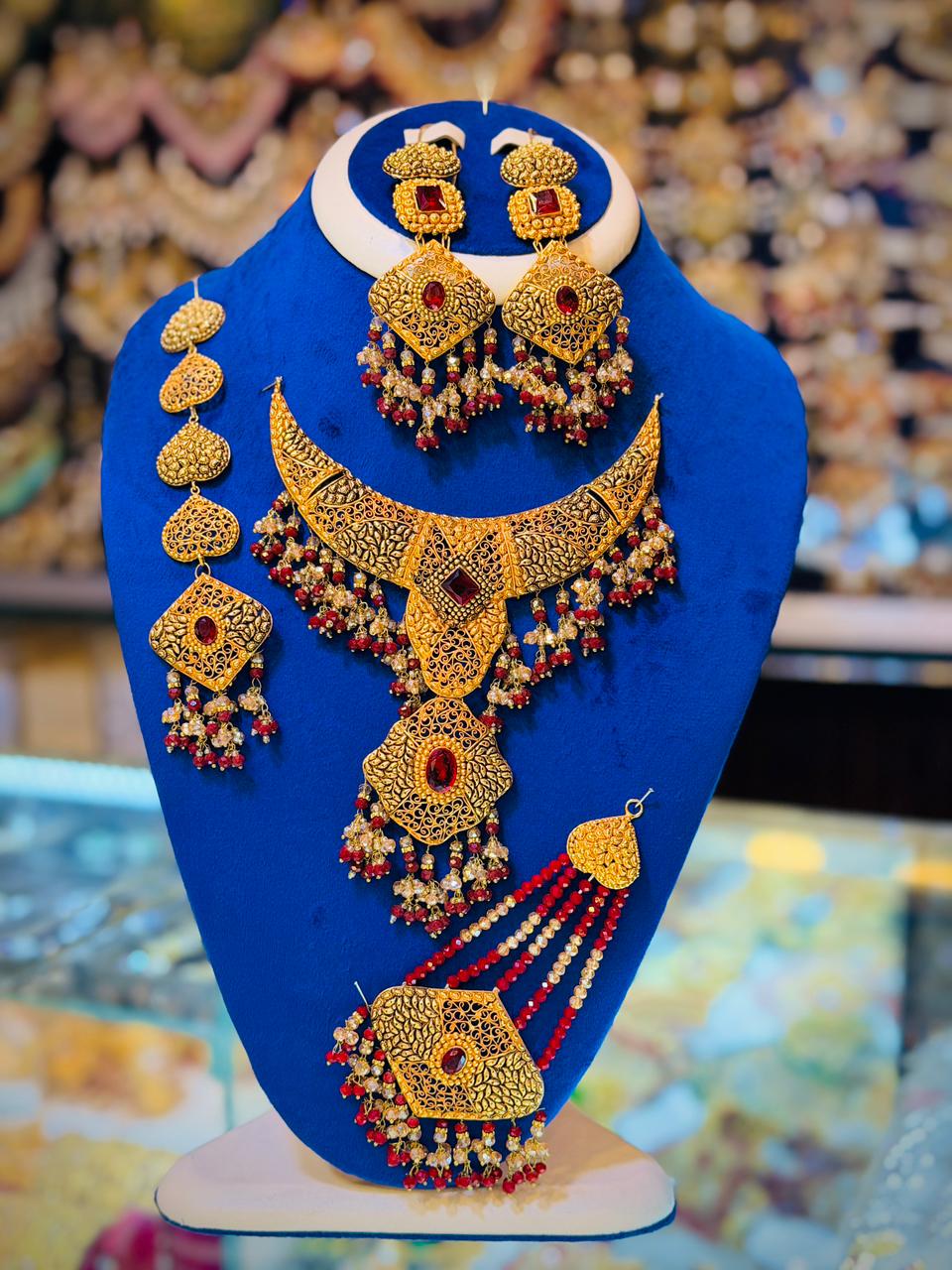 Gold Plated Madrasi Design Necklace Set with Earrings, Tika & Jhumar