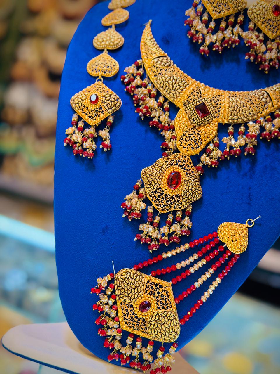 Gold Plated Madrasi Design Necklace Set with Earrings, Tika & Jhumar