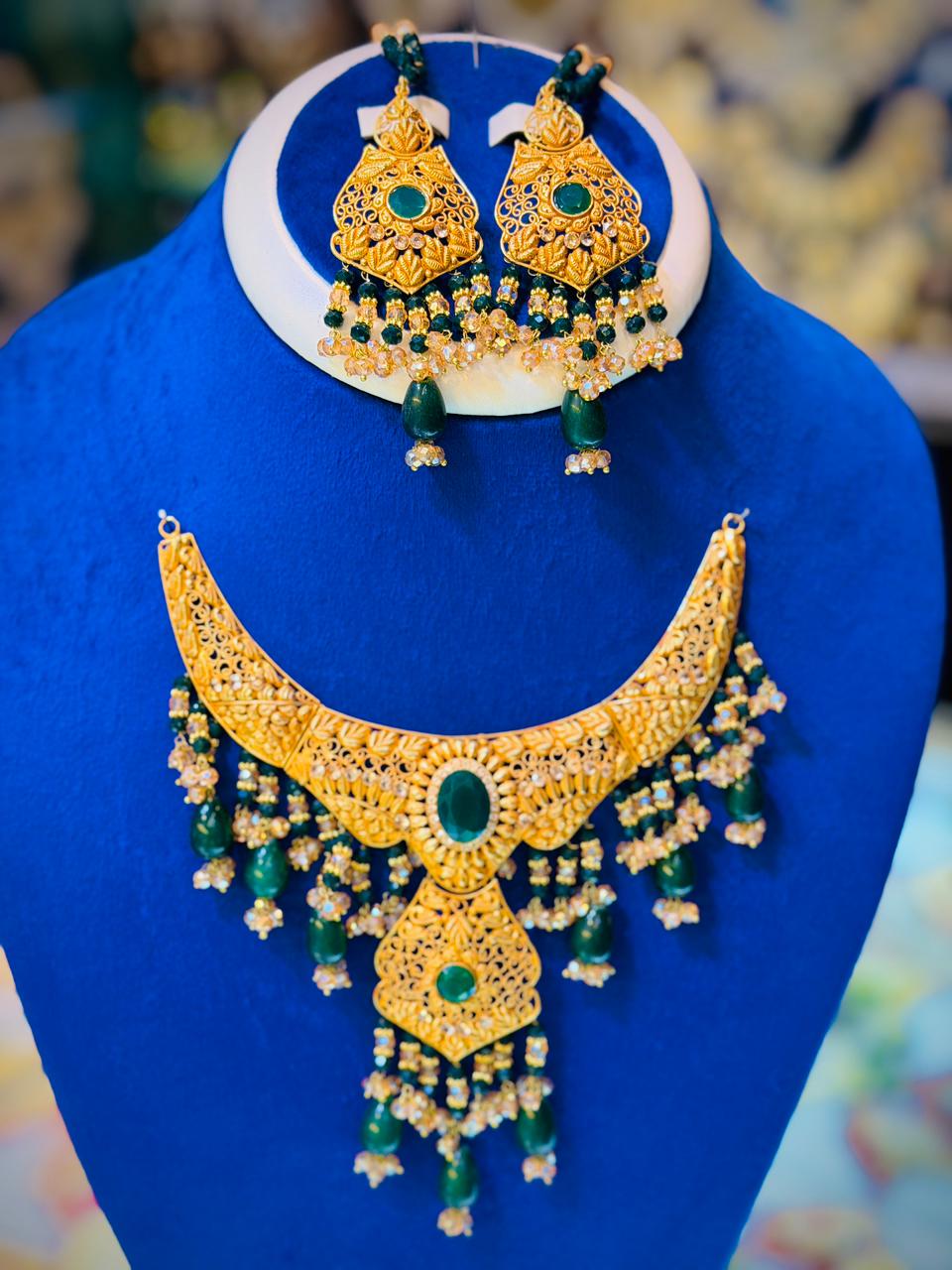 Gold Plated Madrasi Design Necklace Set with Earrings & Tika