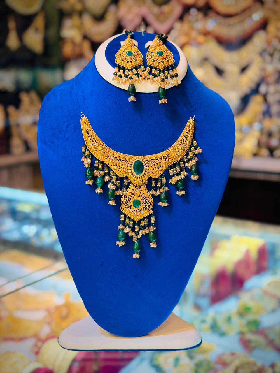 Gold Plated Madrasi Design Necklace Set with Earrings & Tika