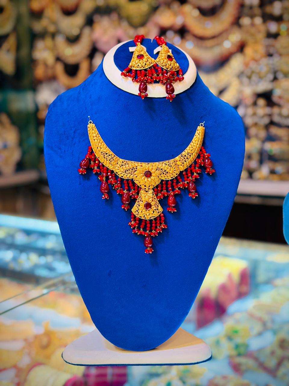 Gold Plated Madrasi Design Necklace Set with Earrings