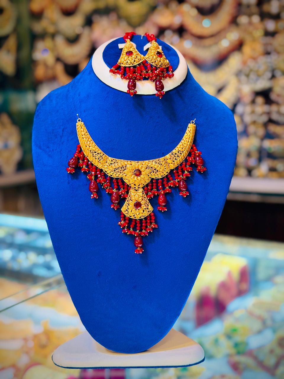 Gold Plated Madrasi Design Necklace Set with Earrings