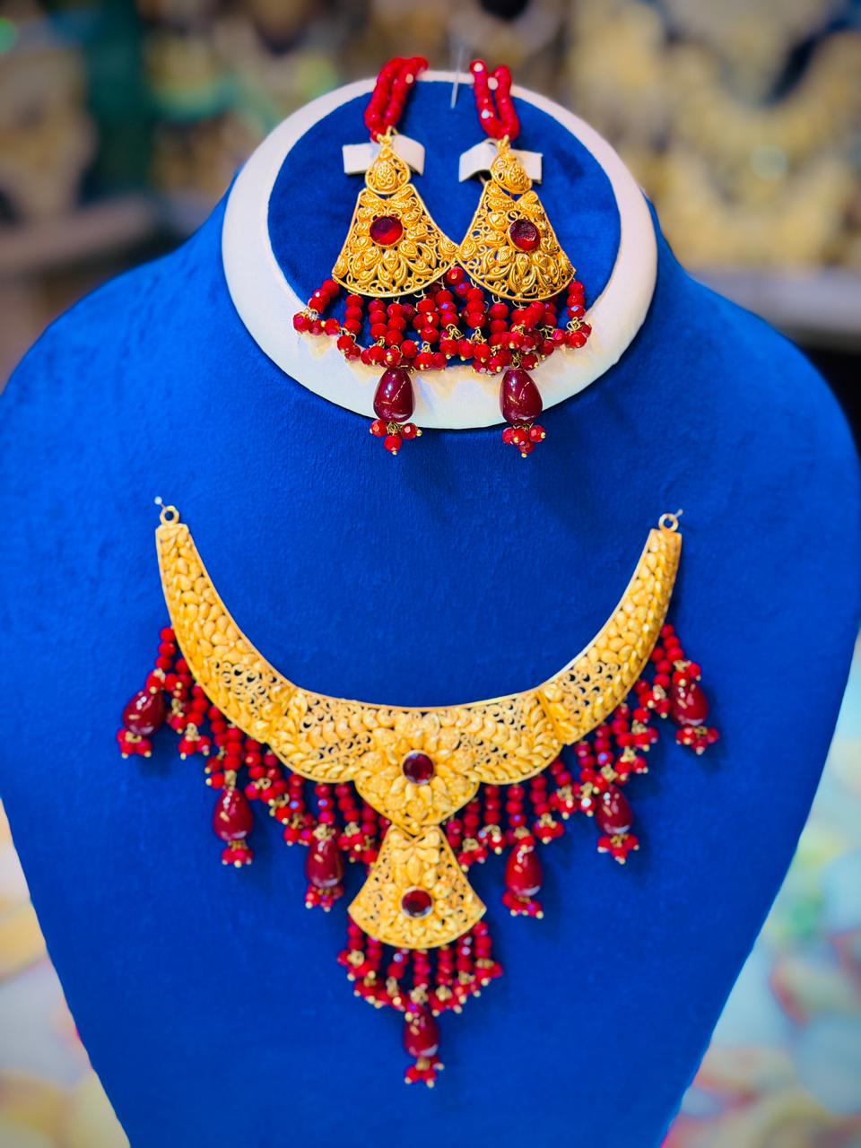 Gold Plated Madrasi Design Necklace Set with Earrings