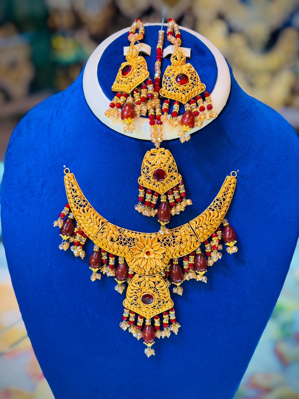 Gold Plated Madrasi Design Necklace Set with Earrings & Tika