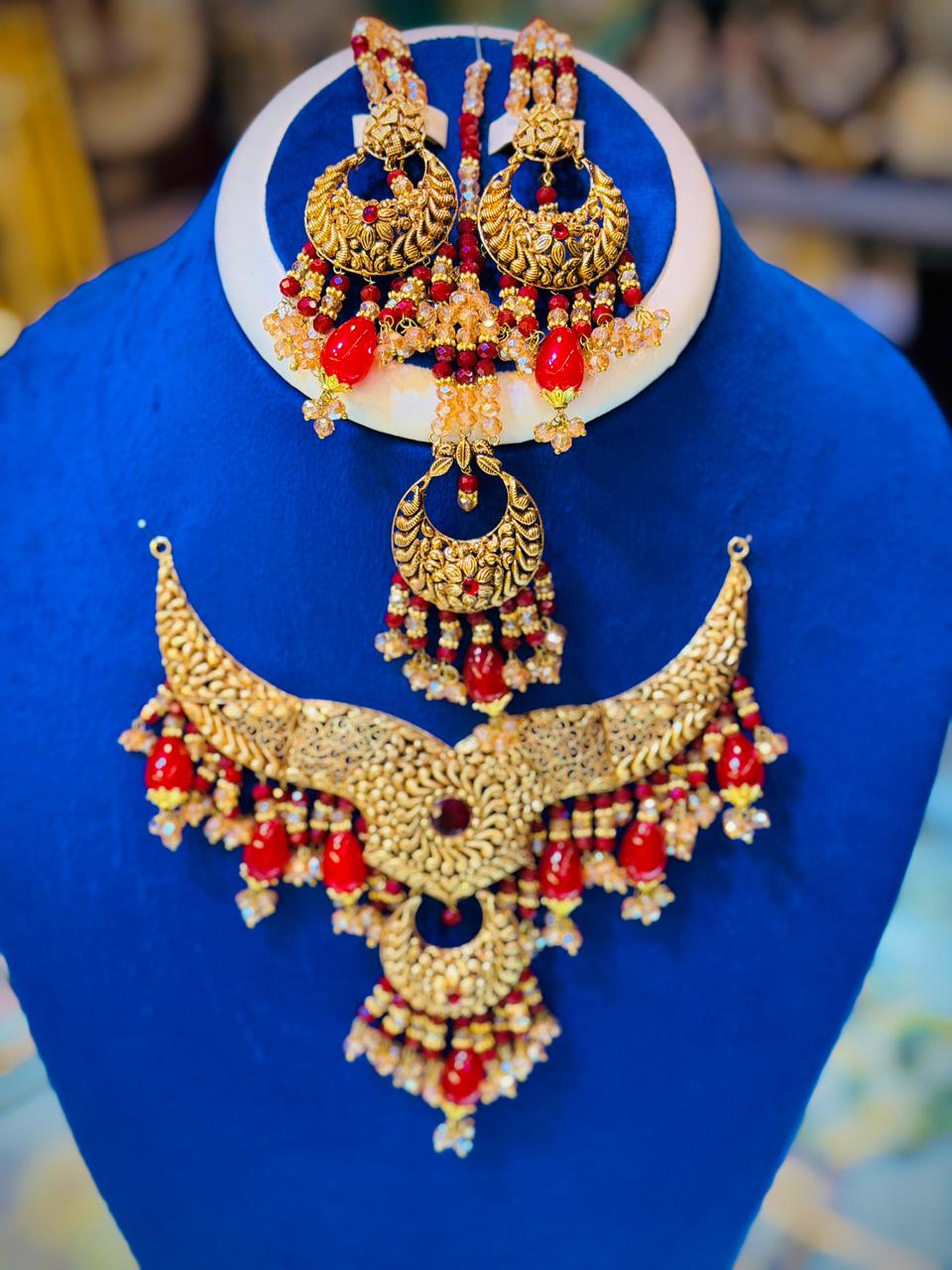 Gold Plated Madrasi Design Necklace Set with Earrings & Tika