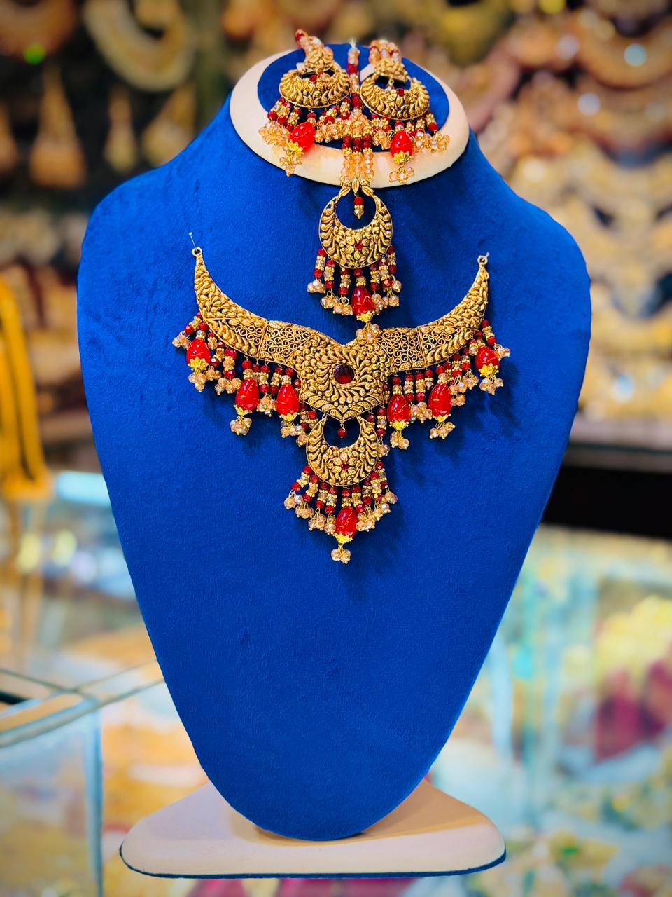 Gold Plated Madrasi Design Necklace Set with Earrings & Tika