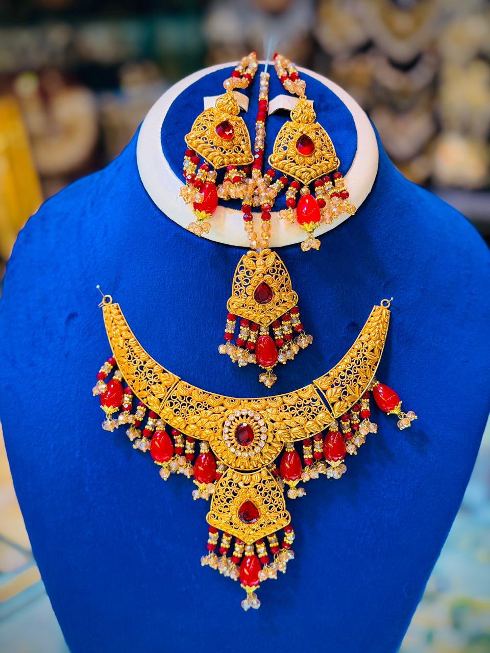 Gold Plated Madrasi Design Necklace  Set with Earrings & Tika