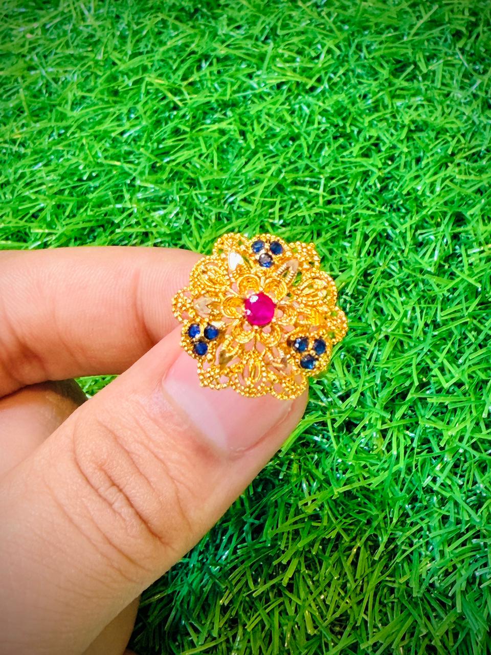 Gold plated ring with blue & pink stone
