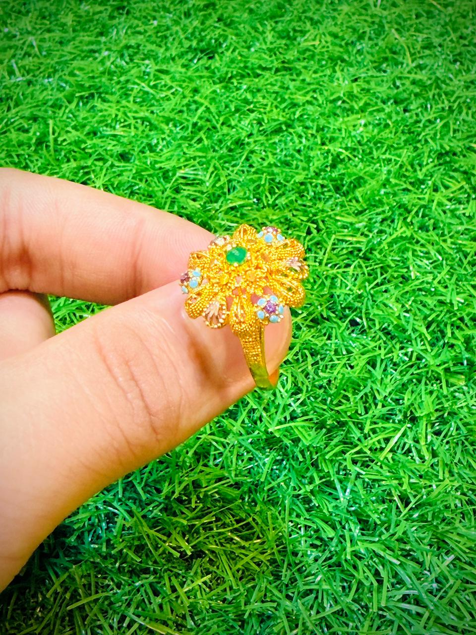 Gold Plated Ring with green, feroza & pink stone