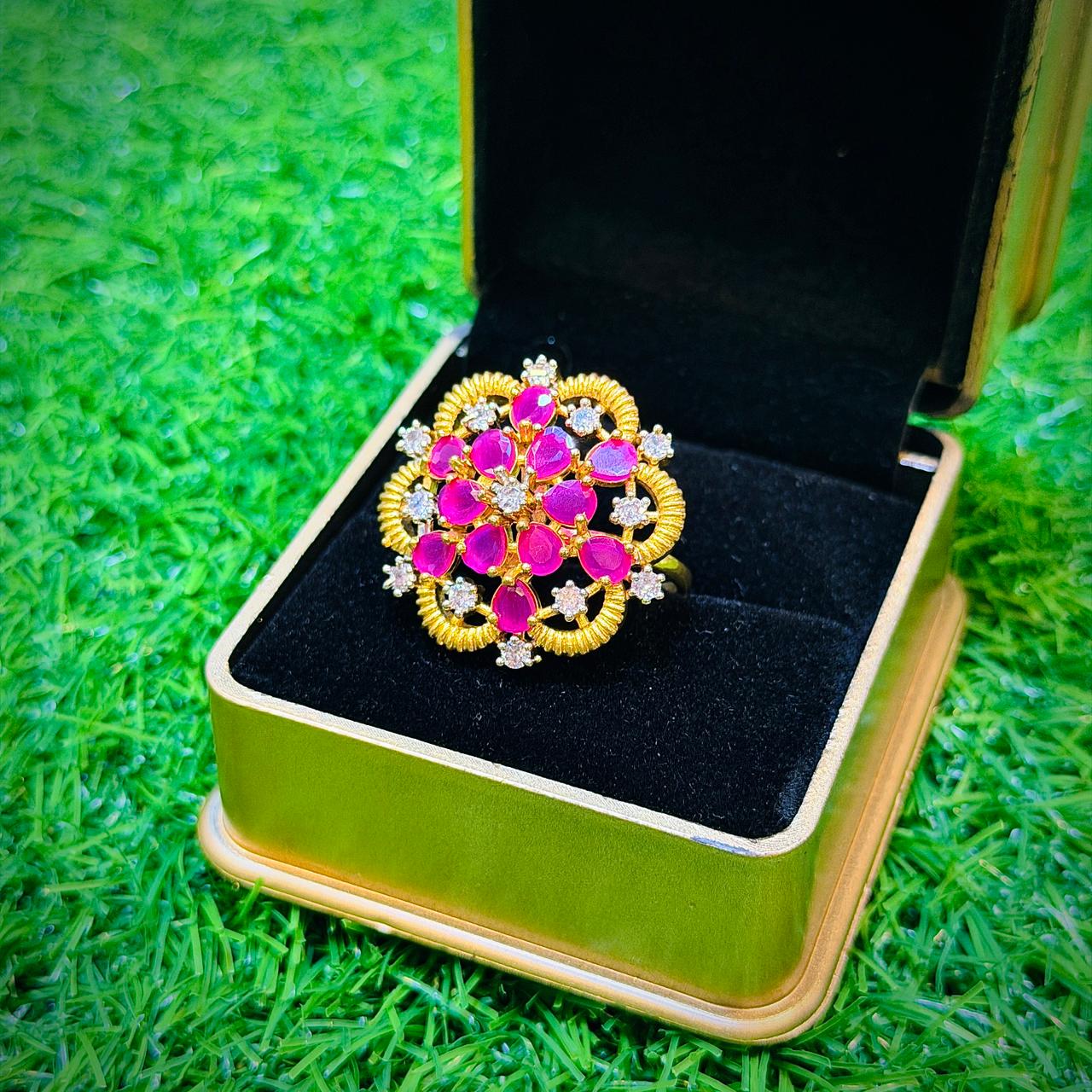 Gold plated ring beautiful flower pink & white design