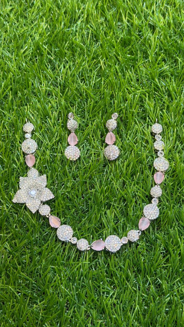 Pink colour one carat necklace set with earring