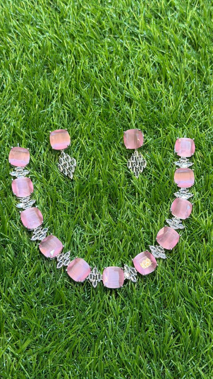 Pink colour one carat Necklace set with earring
