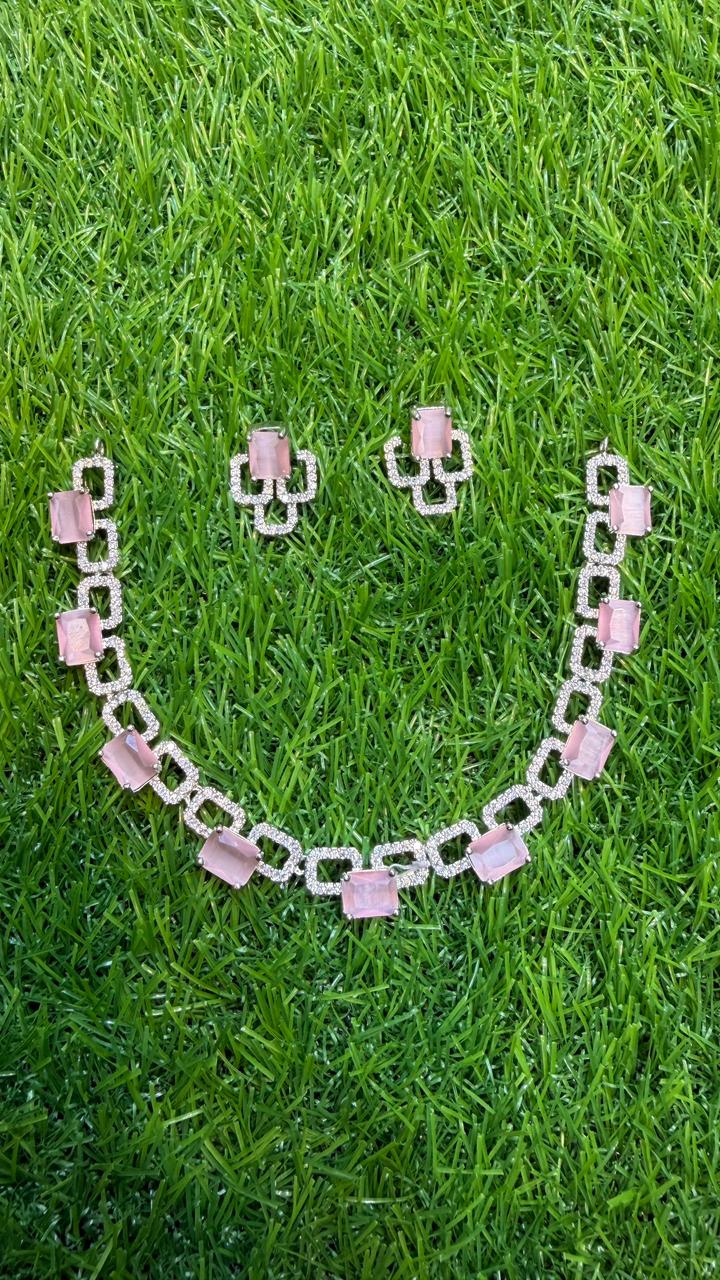 Pink colour one carat necklace set with earring
