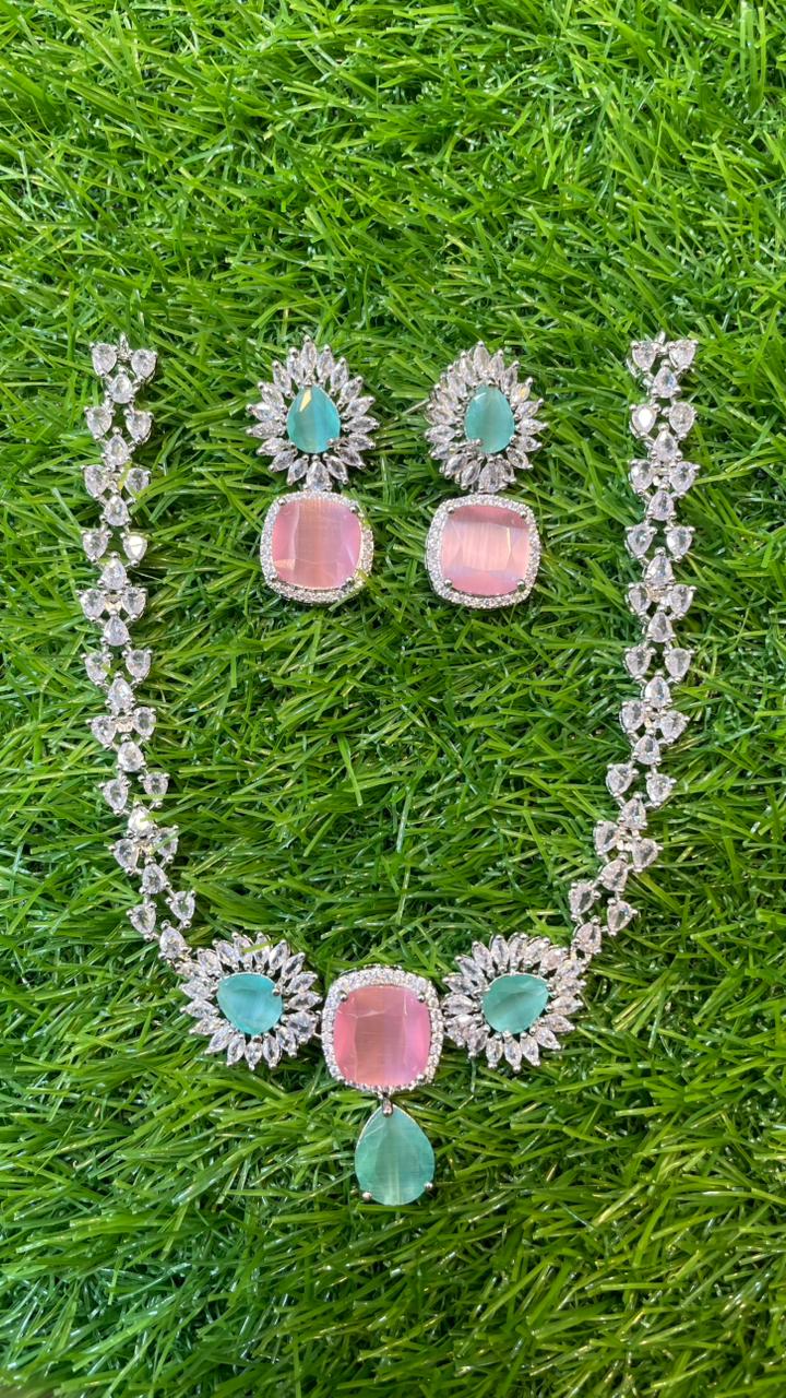 Pink and Mint colour one carat necklace set with earring
