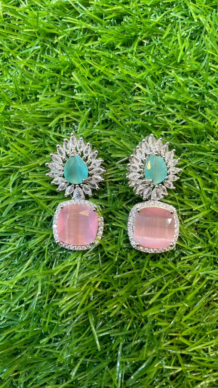 Pink and Mint colour one carat necklace set with earring