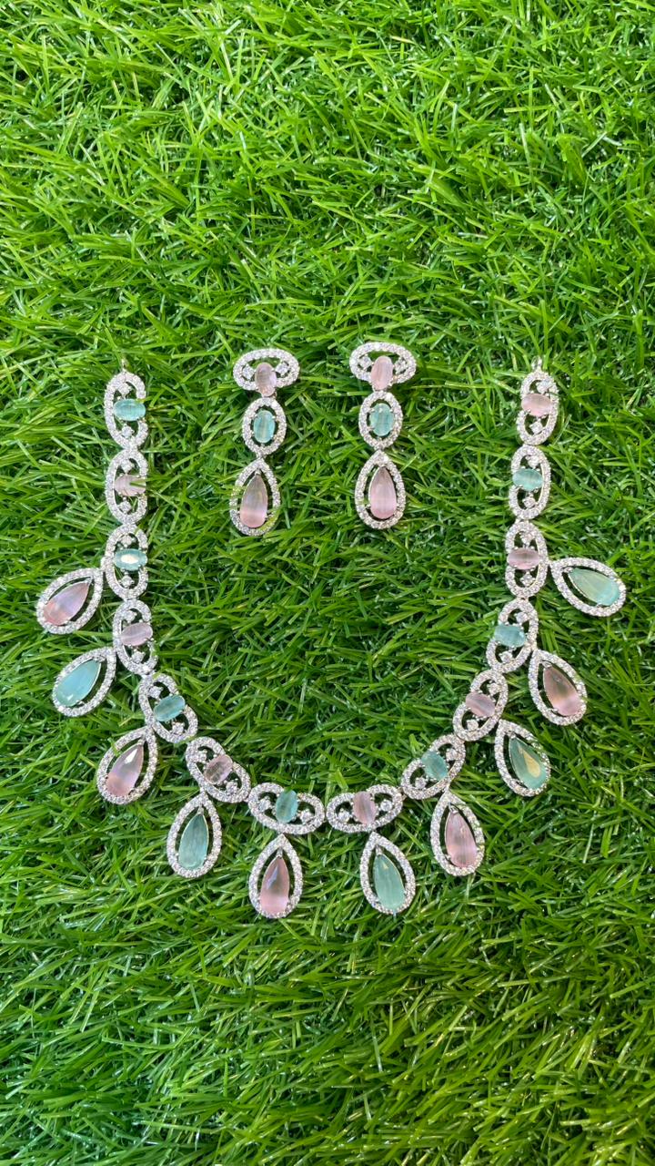 Pink and Mint colour one carat necklace set with earring