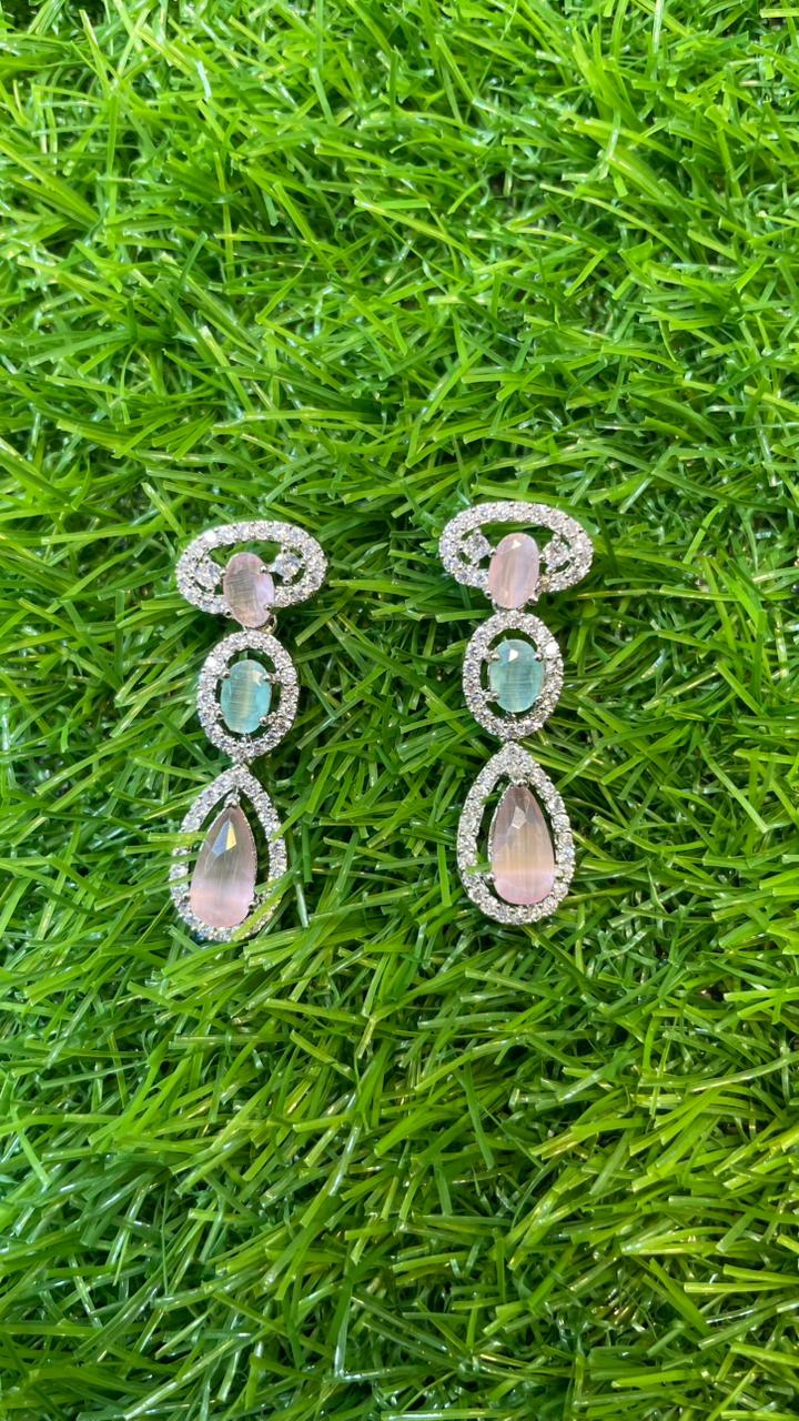 Pink and Mint colour one carat necklace set with earring