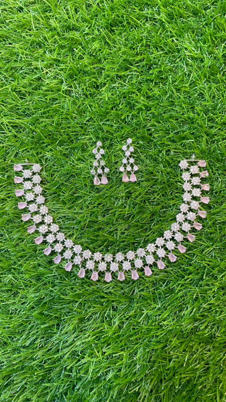 Pink colour one carat necklace set with earring