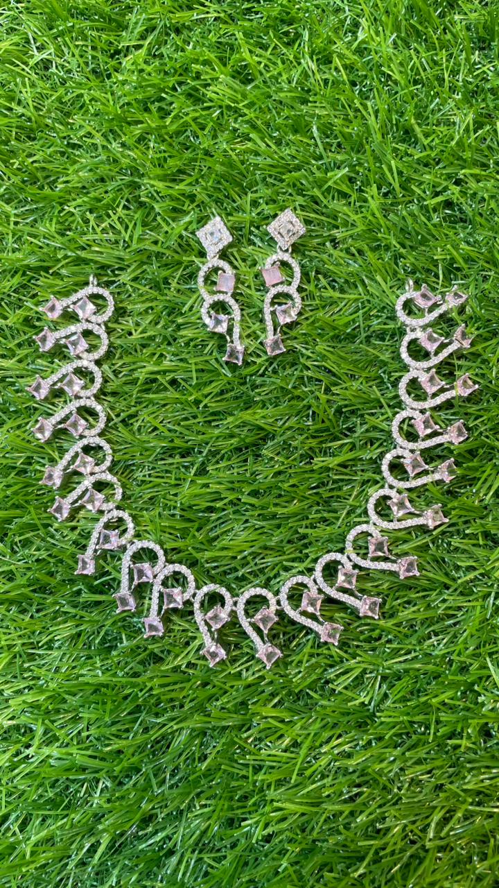 Pink Colour One Carat Necklace Set With Earrings