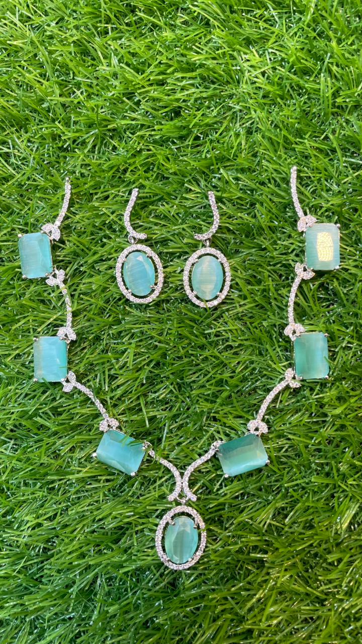 Mint Colour One Carat Necklace Set With Earrings