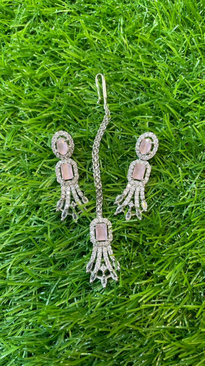 Pink Colour One Carat Necklace Set With Earrings